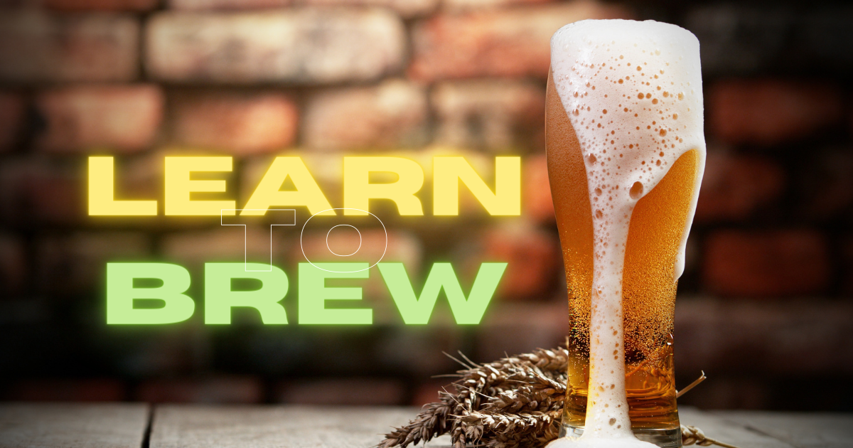 Glass of beer on counter with "Learn to Brew" text overlayed on top